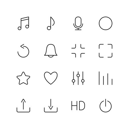 Set of 16 vector thin line icons, media, player, collection of vector buttons illustration.のイラスト素材