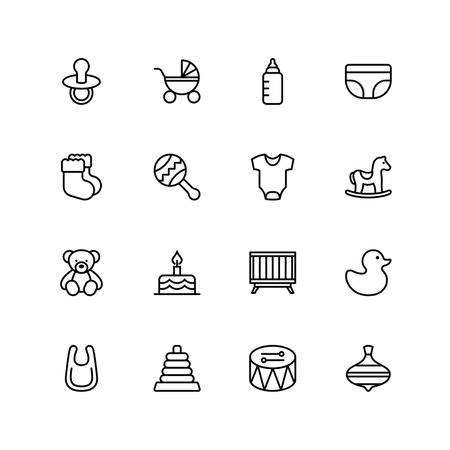 Set of 16 baby toys vector thin line icons, collection of baby toys vector buttons illustration.のイラスト素材