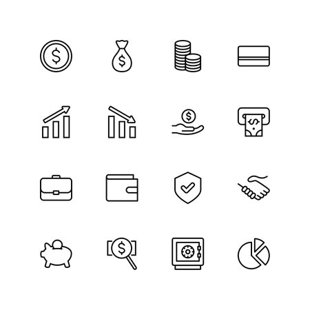 Set of 16 finance vector thin line icons, collection of vector buttons illustration.のイラスト素材