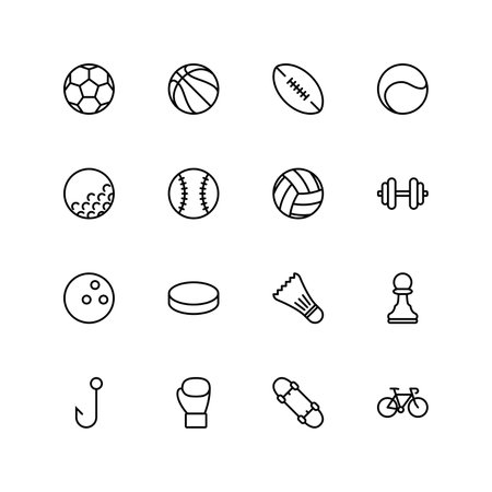 Set of 16 sport vector thin line icons, collection of sport equipment vector buttons illustration.のイラスト素材