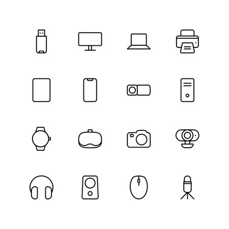 Set of 16 device vector thin line icons, collection of device vector buttons illustration.のイラスト素材
