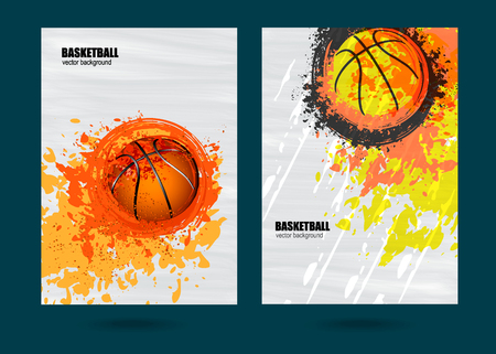 Vector illustration for a game of basketball. Set sports posters. The effect of the old banner on grunge background. Fiery basketball. Spray and scratches. EPS file is layered.のイラスト素材