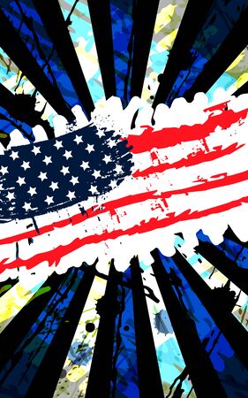 Vertical poster with a US flag. Splashes, scratches, strips. Abstract background. Can be used to cover, poster, banner, printing on T-shirt.のイラスト素材