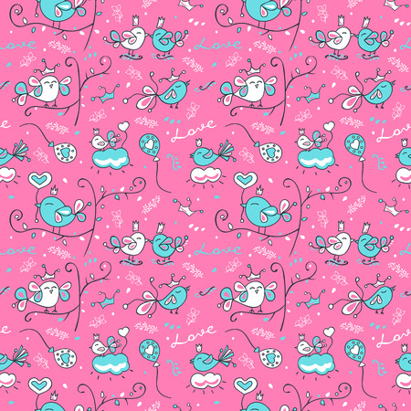 Pink background with loving birds and flowers. For girls, children. Illustration Valentines Day.のイラスト素材