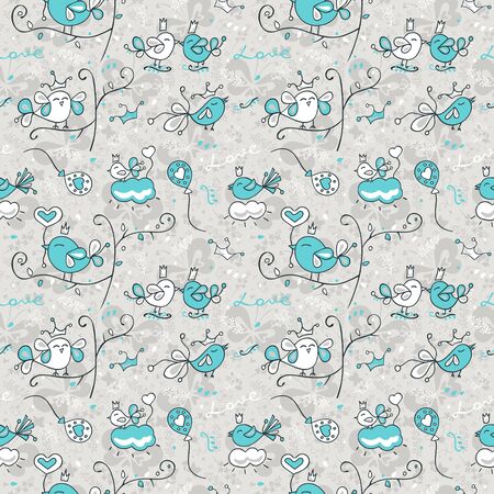 Vector seamless pattern with funny cute birds. Background with butterflies and flowers for textile. Pastel colors.のイラスト素材