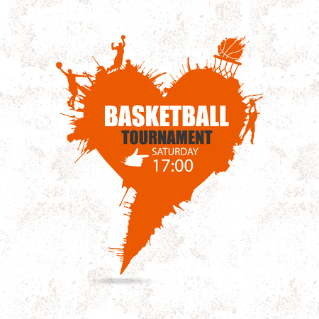 Basketball heart, ball, players, hoop. Vector illustration of sports. Retro.のイラスト素材