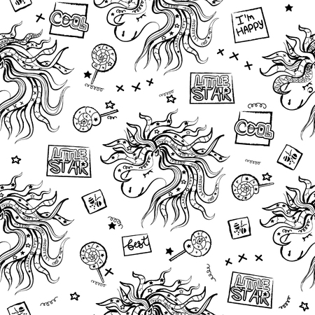 Seamless pattern with a unicorn, lollipops. Cool Little star. Girlish print for clothes, textiles, wrapping paper, web, Typography. Black and white Background for Social media, blogs.のイラスト素材