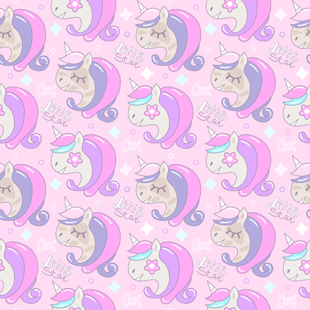 Children pink seamless pattern with cute unicorns, little star, cool. Girlish print for clothes, textiles, wrapping paper, web, Typography slogan. Background for Social media, blogs.のイラスト素材