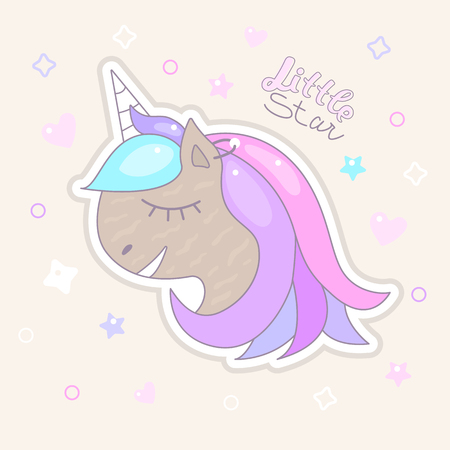 Cute dark unicorn, sticker, children's drawing. Print design for girlish t-shirts, kids birthday cards. Lettering is a little star. Cartoon styleのイラスト素材