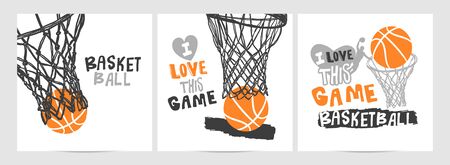 Collection of hand-drawing basketball designs on a white background, grunge style, sketch, lettering, hoop. Sports print, slogan.のイラスト素材