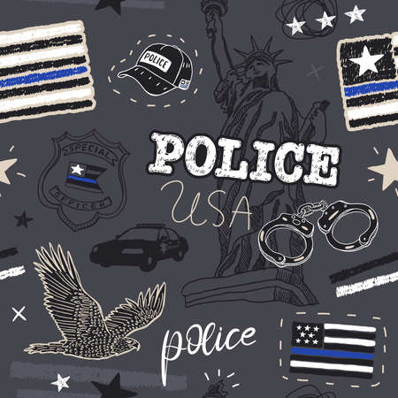 Vector seamless pattern with USA police flag, handcuffs, Statue of Liberty, lettering, stars and police car.のイラスト素材