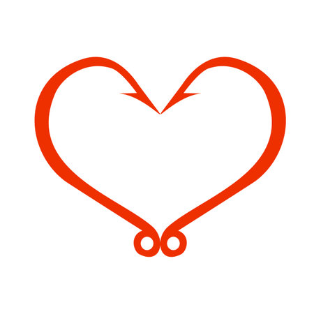 Red heart icon isolated on white. Fish hooks in heart shape. The concept of love of fishing. Vector Illustration.のイラスト素材