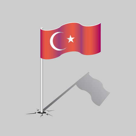 Turkey flag with flagpole and shadow isolated on gray background. National symbol. Vector illustration.のイラスト素材