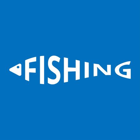 Stylized word in shape of fish isolated on blue. Fishing. Web icon, symbol, sign. Vector Illustration, EPS10.のイラスト素材