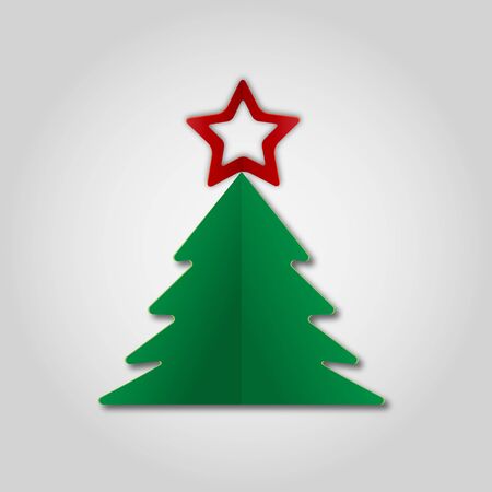 Green paper Christmas tree witn red star on gray background. Design elements for holiday cards. Vector Illustration.のイラスト素材