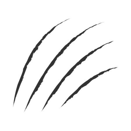 Black claws animal scratch scrape track. Cat tiger scratches paw shape. Four nails trace. Funny design element. Flat design. White background. Isolated. Vector illustration.のイラスト素材