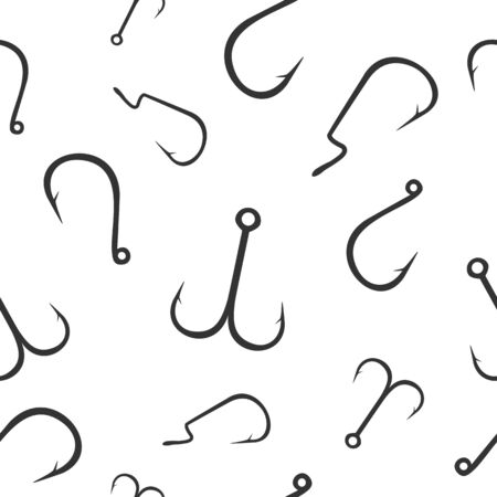Seamless pattern with different types of fishing hooks on white background. Fishing texture. Flat design. Vector illustrationのイラスト素材