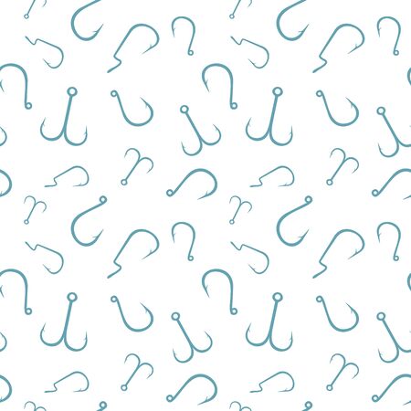 Seamless pattern with different types of fishing hooks on white background. Fishing texture. Flat design. Vector illustrationのイラスト素材