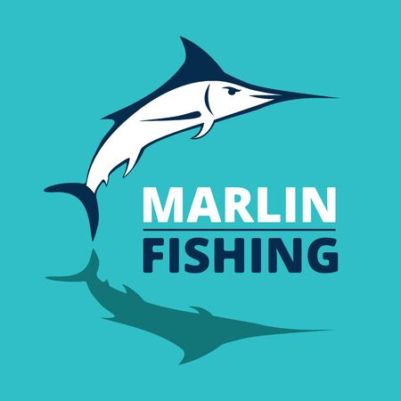 Marlin fish logo. Swordfish fishing emblem. Angry marlina. Design elements for fisherman club or tournament. Big game hunting. Vector illustrationのイラスト素材