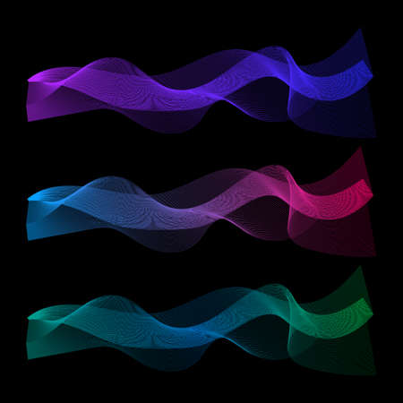 Abstract bright wave of the many colored lines. Wavy stripes isolated on dark background. Vector illustration. Creative line art. Design elements created using the Blend Tool.のイラスト素材