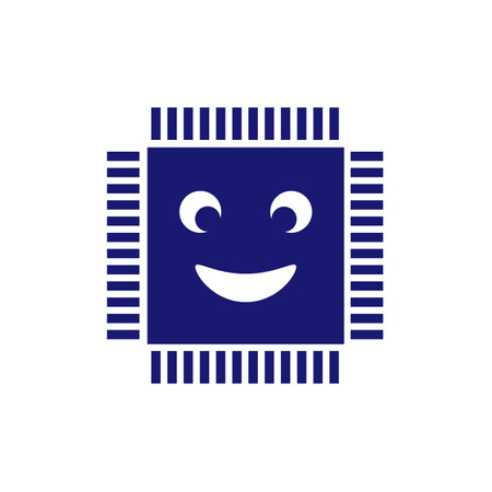 Integrated circuit icon isolated on white background. Lack, deficite of chips. Semiconductor manufacturing. Processor, microchip. Funny smile. Vector Illustrationのイラスト素材