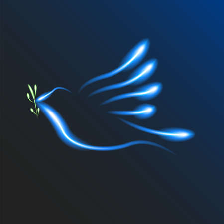 Glowing Peace dove on blue background. Neon bird. International Peace Day. Anti-war movement, pacifism. Vector illustration.の写真素材