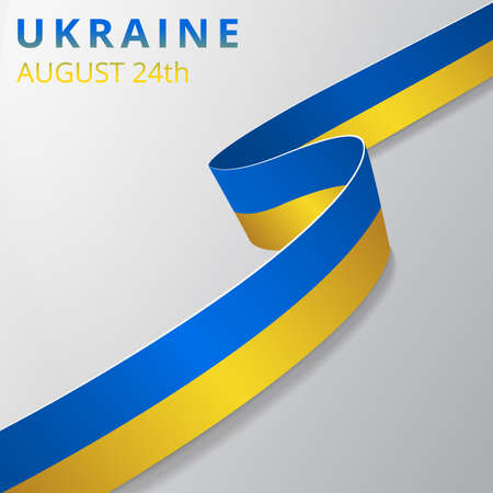 Flag of Ukraine. 24th of August. Vector illustration. Wavy ribbon on gray background.のイラスト素材