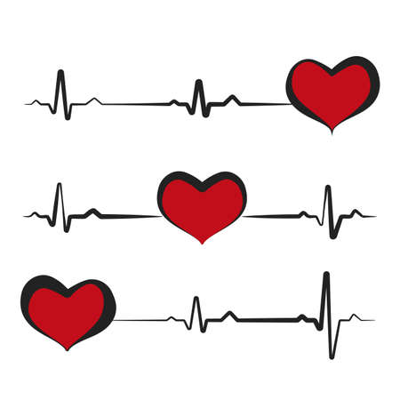 Black heartbeat with red heart isolated on white background. Electro-cardiogram, pulse of heart. Love icon. Design element for medicine, Valentines day. Vector illustration. EPS10.のイラスト素材