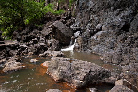 little cascade at rock pool with trees in background