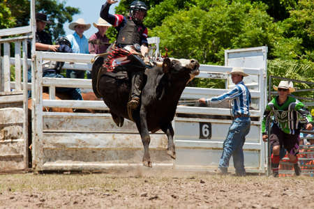 GOLD COAST, AUSTRALIA - JANUARY 26, 2011: Unidentified cowboy rides dangerous bull on January 26,2011 in Gold Coast, Queensland, Australia. The rodeo show was part of Australia Day celebration.のeditorial素材