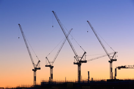 Many cranes at Australian construction site (Sunshine Coast, Kawana Waters, QLD, Australia)