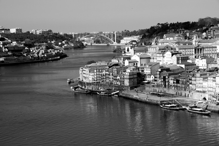 Portugal. Porto city. View of Douro river embankment in the morning  in black and whiteのeditorial素材