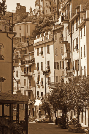 Italy. Liguria region. Cinque Terre. Riomaggiore village. In Sepia toned. Retro styleの写真素材