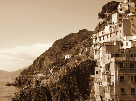 Italy. Liguria region. Cinque Terre. Riomaggiore village. In Sepia toned. Retro styleの写真素材