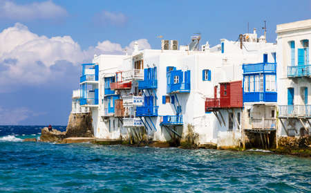 Mykonos, Greece - October 02, 2017: View of the famous area of Mykonos called Little Venice, view from the sea, Mykonos island, Cyclades, Greeceのeditorial素材