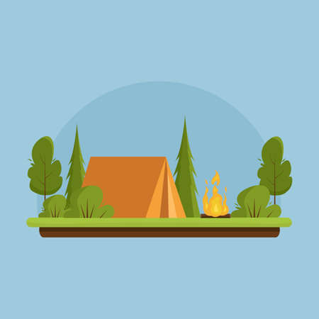 Camping. Day landscape with a orange tent near bonfire. Banner for summer camp, nature tourism, camping, hiking, trekking, etc. Vector illustration in flat style.のイラスト素材