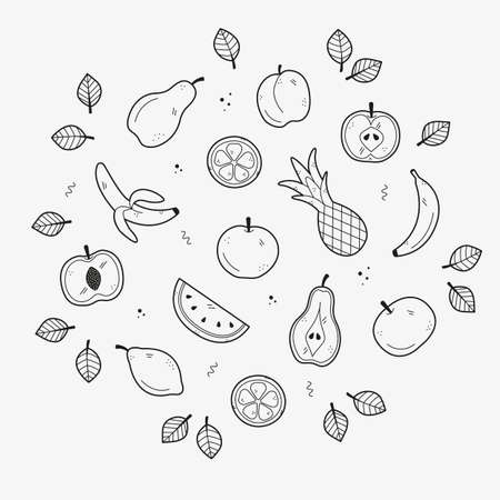 Hand drawing set of fruits. Sketch in doodle style on white background. The set includes icons as apple, pear, peach, pineapple, apricot, watermelon, lemon, orange, banana. vector illustration.のイラスト素材