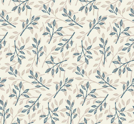 Seamless Floral pattern in hand-drawn style. Blue and beige leaves on a light background. vector illustration.のイラスト素材