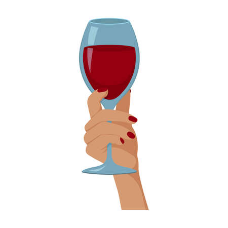 Woman's hand is holding a glass of red wine. Vector illustration in flat cartoon style isolated on white background.のイラスト素材