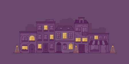 Cityscape with townhouses, lanterns and bushes at night. Town street with building facades. Vector illustration in linear style.のイラスト素材
