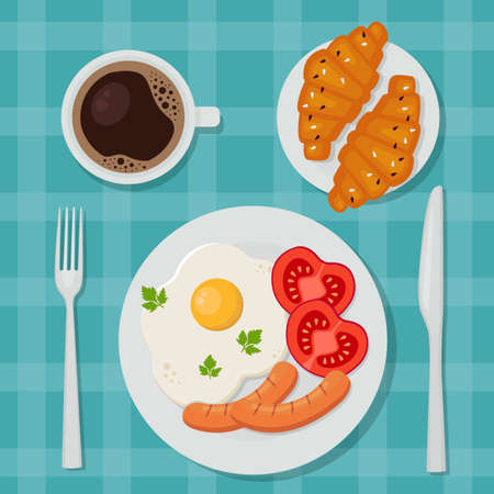 Delicious breakfast: fried eggs, coffee and croissants. view from above. Vector illustration in flat cartoon style.のイラスト素材