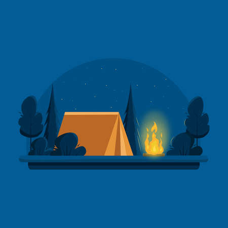 Camping. Night landscape with a orange tent near bonfire. Banner for summer camp, nature tourism, camping, hiking, trekking, etc. Vector illustration in flat style.のイラスト素材