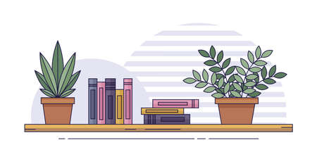 bookshelf. Shelf for books with plants in pot. Vector illustration in flat style.のイラスト素材