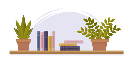bookshelf. Shelf for books with plants in pot. Vector illustration in flat cartoon style.のイラスト素材