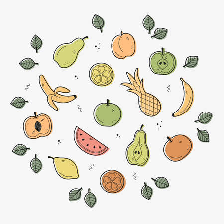 Hand drawing set of fruits. Colorful sketch in doodle style. The set includes icons as apple, pear, peach, pineapple, apricot, watermelon, lemon, orange, banana. vector illustration.のイラスト素材