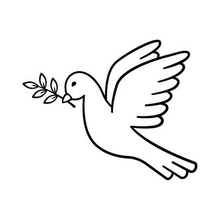 Dove of peace. Hand drawn pigeon flying with olive branch. Bird is symbol of peace and freedom in simple doodle line style. Isolated vector illustration.のイラスト素材