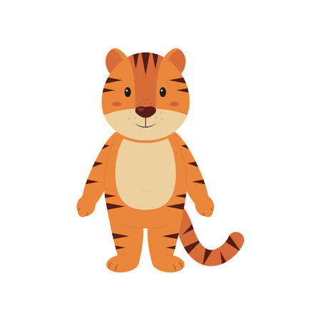 Cute cartoon striped little tiger cub. children decor. New Year's symbol of 2022. Vector illustration in flat style isolated on a white background.のイラスト素材