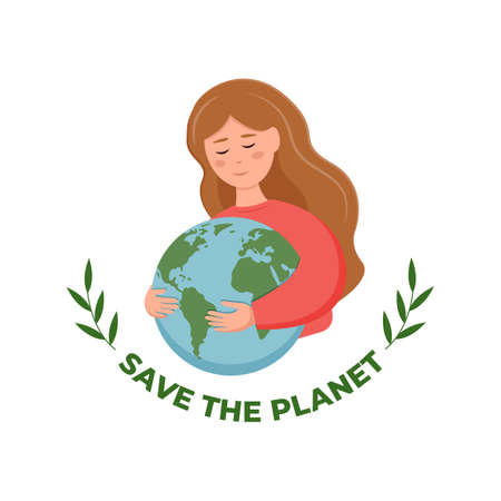 Let's save the planet. Cute girl hugs the planet Earth. Environment conservation saving concept. Earth day. Vector illustration in flat cartoon style izolated on white background.のイラスト素材