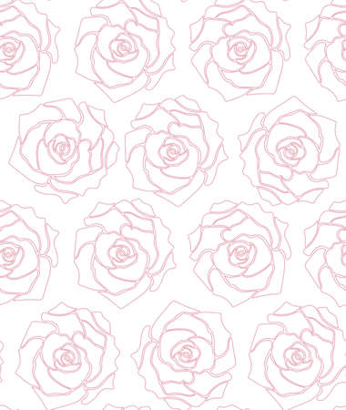 Pink roses seamless pattern. Pink outline on a white background. Hand-drawn monochrome vector illustration.のイラスト素材