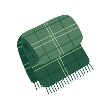 Checkered plaid with fringe. Warm cozy woolen tartan blanket. Home decor Hygge style. Isolated vector illustration in flat cartoon style.のイラスト素材